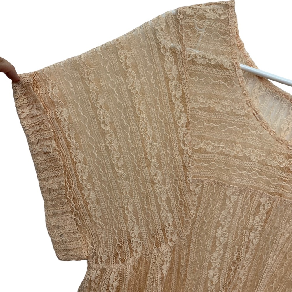 Free People Sheer Lace Boho Blouse Peach Boxy Top Large Romantic Festival - Picture 6 of 13